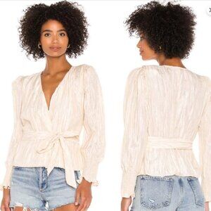 NWT NBD Chiara Top Womens Small Champagne Long Puffed Sleeve Tafetta Wrap Tie